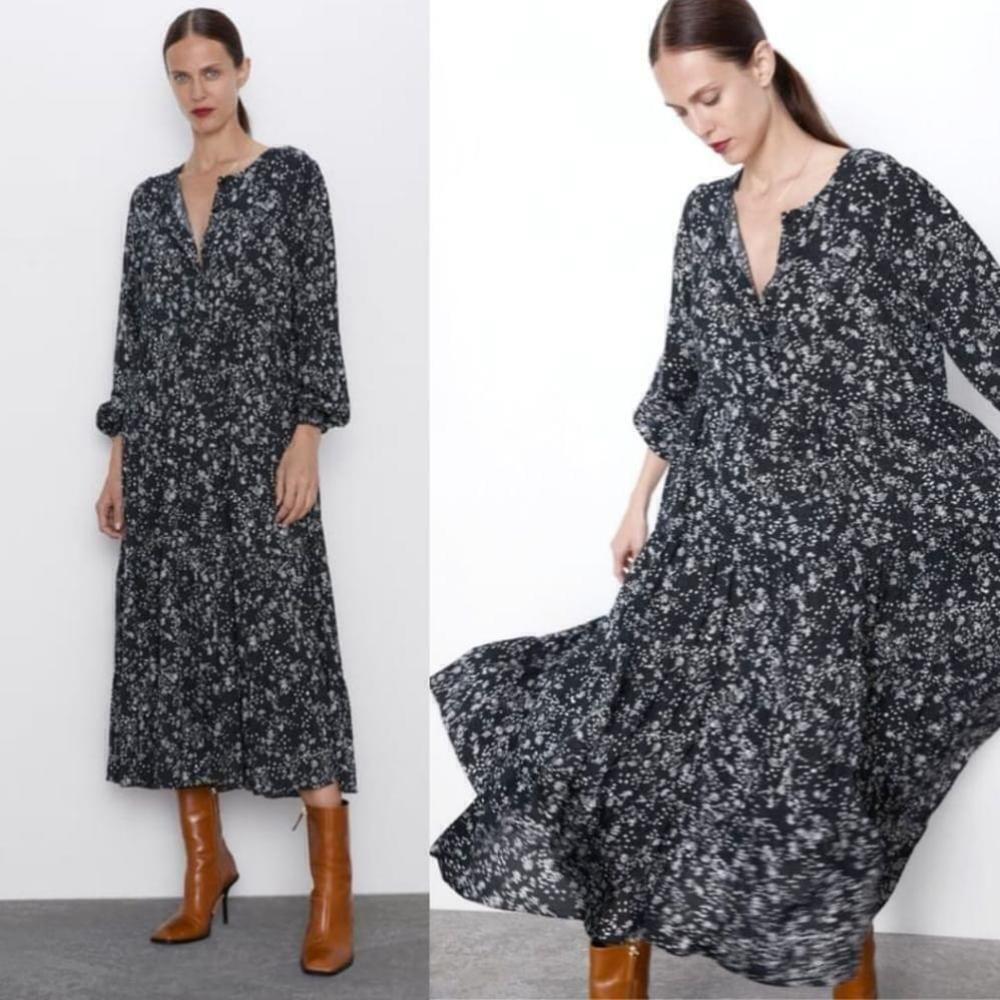 Zara Navy and White Floral Maxi Dress
